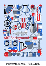Art flat line set with musical instruments theater tickets and decoration vector illustration.