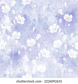 Art floral background. Seamless pattern with hand drawn flowers on lilac watercolor background. Vector.  Perfect for wallpaper, wrapping, fabric and textile.  svg