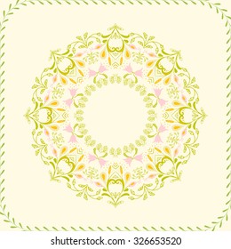 Art Floral circle frame for flyers, brochures, templates design. Vintage card with flower patterns and ornaments. Decorations, tiny leaves. Spring or summer banners vector illustration eps10.