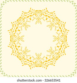 Art Floral circle frame for flyers, brochures, templates design. Vintage card with leaf patterns and ornaments. Decorations, tiny leaves. Spring or summer banners vector illustration eps10.