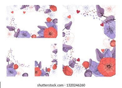 Art floral greeting and business card. Patterns with pastel purple and living coral color mallow, purple and chocolate peas on white background. Isolated vector flowers, buds, leaves and hearts.