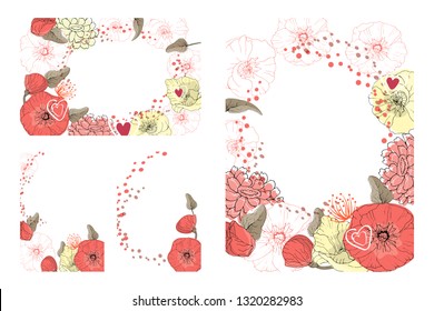Art floral greeting and business card. Patterns with pastel yellow and living coral color mallow, pink and chocolate peas on white background. Isolated vector flowers, buds, leaves and hearts.
