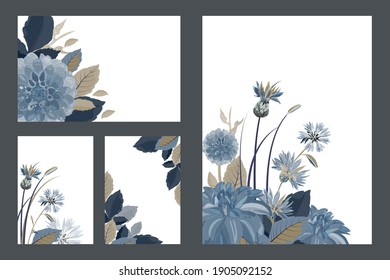 Art floral greeting and business cards. Patterns with blue cornflowers, dahlias, thistles flowers, blue, brown leaves. Vector flowers isolated on a white background.