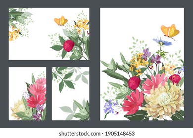 Art floral greeting and business cards. Vector cards with red, yellow, blue flowers and buds, yellow butterflies, green stems and leaves. Vector flowers isolated on a white background.