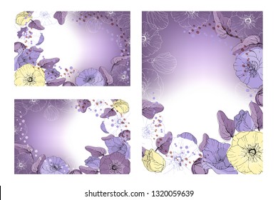 Art floral greeting card. Patterns with pastel pale purple and pale yellow mallow, purple and chocolate peas on a delicate pastel purple gradient background. Isolated vector flowers, buds and leaves.