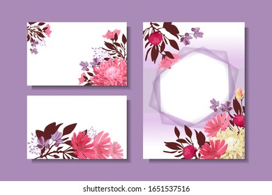 Art floral greeting card. Patterns with pastel yellow, pink, purple chrysanthemum, aster, peony, chocolate branches and leaves. Isolated vector flowers on white for card, template, invitation.