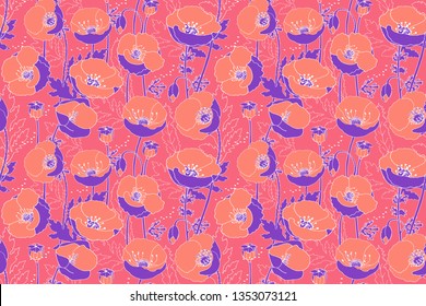 Art floral seamless neon pattern. Vector art poppy. Purple and orange isolated poppies on pink background. 