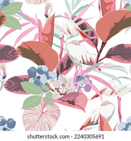 Art floral seamless pattern. Blueberry fruits and pink leaves. Flamingo bird with palm leaves isolated on a beige background.