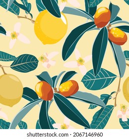 Art floral seamless pattern. Kumkvat with lemons, flowers and blue leaves. Red pomegranates with leaves isolated on a yellow background.
