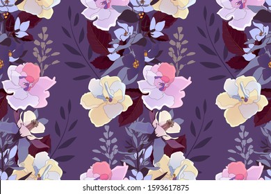 Art floral seamless pattern. Pale yellow, blue and pink viola flowers, columbine, moneywort isolated on deep purple background. Endless pattern for wallpaper design, fabric, home and kitchen textiles.