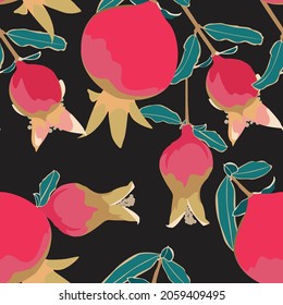 Art floral seamless pattern. Pomegranate tree with blue leaves. Red pomegranates isolated on a black background.