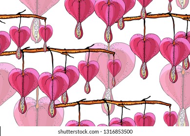 Art floral seamless pattern. Vector isolated flowers on white background. Pink dicentra (bleeding heart) on brown branches and twigs. Pale pink hearts. Hand-drown.