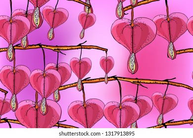 Art floral seamless pattern. Vector isolated flowers on pink and purple gradient background. Pink dicentra (bleeding heart) with brown branches and twigs. Bright pink hearts. Hand-drown.