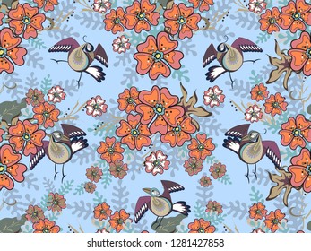 Art floral vector seamless pattern. Beautiful serious birds with orange and coral garden flowers on light blue sky background in Chinese style. Isolated elements.