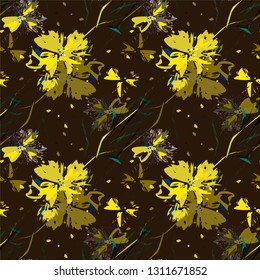 Art floral vector seamless pattern. Hand drawn bright yellow flowers, stems and leaves. Background for design, textile, wallpaper, wrapping, cover page, web site, card, carton, print, banner.