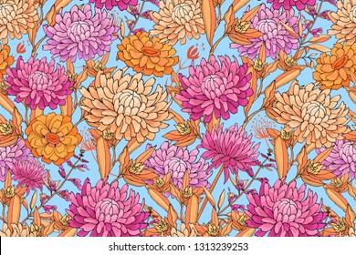 Art floral vector seamless pattern. Pale yellow, pink, orange, purple asters, sage, golden-daisy (chrysanthemum), on blue sky background. Isolated autumn garden flowers.