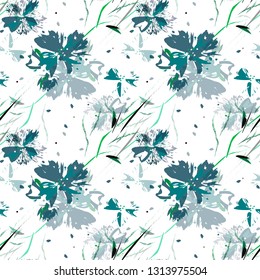 Art floral vector seamless pattern. Hand drawn green flowers, stems and leaves on white background for design, textile, wallpaper, wrapping, cover page, web site, card, carton, print, banner.