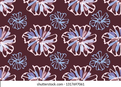 Art floral vector seamless pattern. Light blue, brown, pink cornflowers on chocolate background. Isolated vector flowers for fabric, wallpaper, wrapping paper.