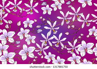 Art floral vector seamless pattern. Light pink orchids (ram's-head, caladenia) on pink and purple gradient background. Isolated flowers, twigs and buds. For women dress and home textiles.