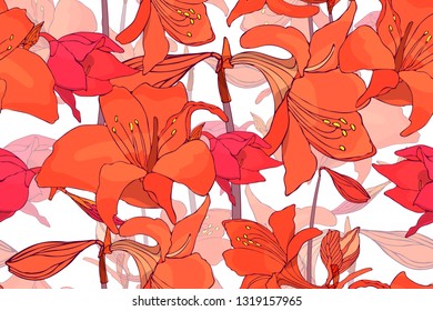 Art floral vector seamless pattern. Orange and red lilies on white background. Isolated vector garden flowers with stems and buds.