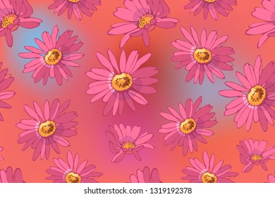 Art floral vector seamless pattern. Pink daisy (osteospermum, marguerite, gowan) on pink and blue blurred gradient background. Vector isolated flowers.