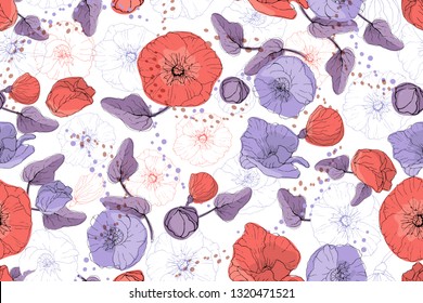 Art floral vector seamless pattern. Purple, white and living coral color mallow and poppy on white background. Isolated vector flowers, buds, leaves, twigs and chocolate peas. For fabric, wallpaper.