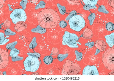 Art floral vector seamless pattern. Pink and light cyan mallow and poppy on a living coral color background. Isolated vector flowers, buds, leaves, twigs and blue peas. For fabric, wallpaper, wrap.