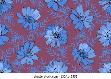 Art floral vector seamless pattern. Blue frozen succory (chicory) on wine background. Isolated vector flowers and leaves.