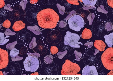Art floral vector seamless pattern. Red and purple neon mallow and poppy on a deep purple background. Isolated vector garden flowers, buds, leaves, twigs, peas. For fabric, wallpaper, wrap, textile.