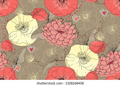Art floral vector seamless pattern. Pink, pale yellow, coral color mallow and poppy on brown background. Isolated vector pastel flowers, buds, leaves, peas, hearts. For fabric, wallpaper, wrap.
