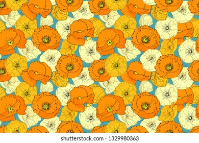 Art floral vector seamless pattern with orange poppies and mallows on blue background. Retro style.
