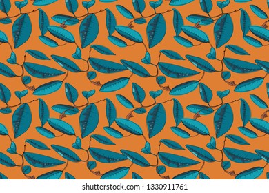 Art floral vector seamless pattern. Blue mandarin (tangerine) leaves on brown twigs on orange background. Vector isolated elements.