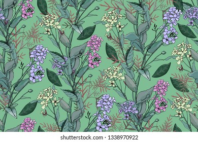 Art floral vector seamless pattern. Gentle meadow pale lilac, pale yellow and pink flowers with green twigs and leaves on a green background. Isolated elements. Imitation watercolor.