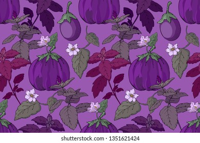 Art floral vector seamless pattern. Purple eggplants and purple and green basil with leaves and flowers on a light purple background.