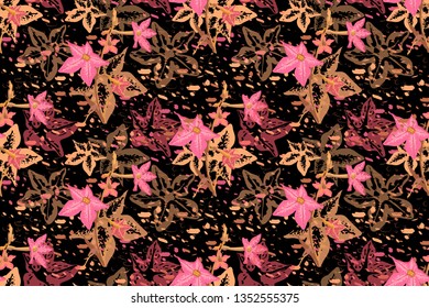 Art floral vector seamless pattern. Blooming scented tobacco with neon pink flowers and green leaves. Isolated elements on black background.