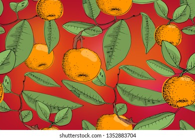 Art floral vector seamless pattern. Ripe orange mandarins ( tangerines) on the brown twigs with green leaves. Vector isolated elements on red background. For fabrics, wallpaper, home textiles, wrap.