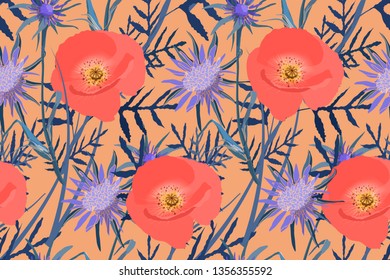 Art floral vector seamless pattern. Meadow with poppy flower and tragopogon (vegetable oyster, salsify).
