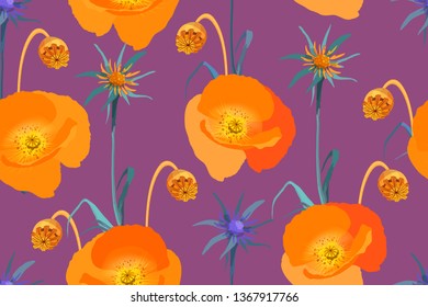 Art floral vector seamless pattern. Poppy flower. Orange poppies isolated on violet background. Hand-drown illustration.