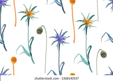 Art floral vector seamless pattern. Beautiful flowers and leaves isolated on white background.