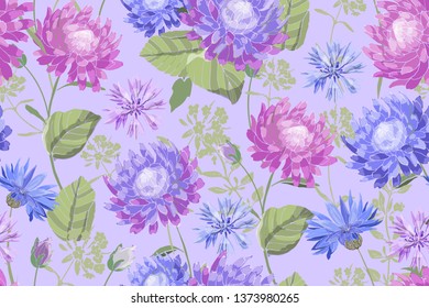 Art floral vector seamless pattern. Beautiful vector summer and autumn garden flowers with green leaves on a light violet background.
