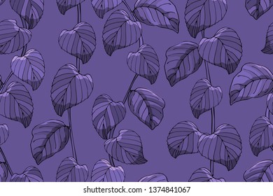 Art floral vector seamless pattern. Vector summer and autumn purple leaves and branches isolated on purple background.