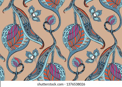 Art floral vector seamless pattern. Abstract blue, pink, orange flowers, fruits and leaves on beige background. Trendy colors of the season. Hand-drown vector illustration. Ethnic pattern.