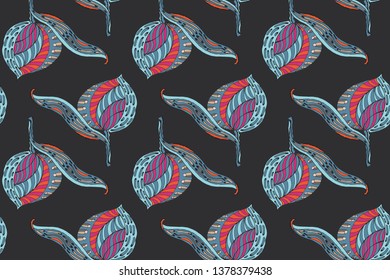 Art floral vector seamless pattern. Abstract blue, pink, orange flowers, fruits and leaves on deep brown background. Trendy colors of the season. Hand-drown vector illustration. Ethnic pattern.