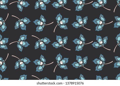 Art floral vector seamless pattern. Abstract blue, pink, orange flowers, fruits and leaves on deep brown background. Trendy colors of the season. Hand-drown vector illustration. Ethnic pattern.