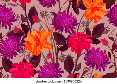 Art floral vector seamless pattern. Purple, orange, red lilies, asters, dahlias with buds, stems and leaves on a coffee color background. Isolated vector garden flowers.