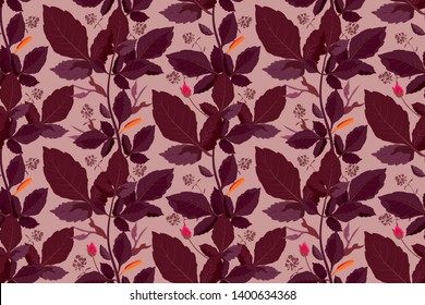 Art floral vector seamless pattern. Chocolate autumn leaves on a coffee color background. Isolated vector garden leaves with stems and buds.