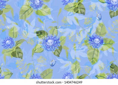 Art floral vector seamless pattern. Beautiful vector blue flowers with green stems and leaves on a light blue background.