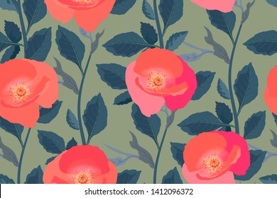 Art floral vector seamless pattern. Coral flowers with green stems and leaves. Isolated elements on olive meadow. Summer background.