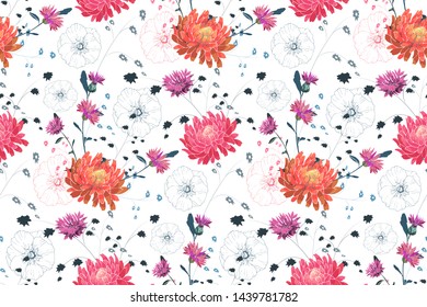 Art floral vector seamless pattern. Pink and orange asters, purple cornflowers, pink mallow. Vector garden flowers Isolated on white background. For fabric, home and kitchen textile, wallpaper design.
