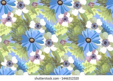 Art floral vector seamless pattern. Blue and white flowers with green leaves. Vector elements Isolated on olive background. For fabric, home and kitchen textile, wallpaper design, wrapping paper.